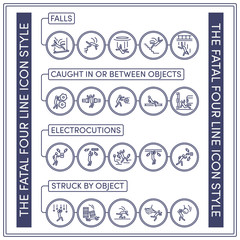 Set of line icons of the fatal four, the four leading causes of fatalities in the Industry.