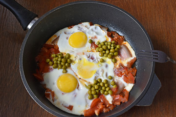 Fried eggs with sausage, tomatoes, in a frying pan