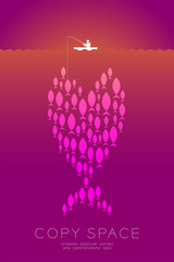 Fisherman in boat with fishing rod and shoal or school of small fish Marketing concept idea illustration isolated on orange violet gradient background, with copy space