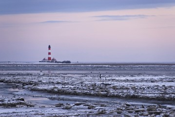 Lighthouse of Westerhever in winter, St. Peter-Ording, Eiderstedt Peninsula, district of Nordfriesland, Schleswig-Holstein, Germany, Europe