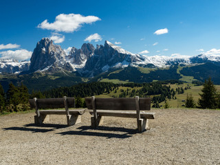 View of beautiful landscape in the Alps with fresh green meadows and snow-capped mountain tops in...