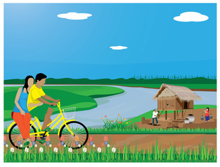 one man and lady on bicycle at countryside vector design