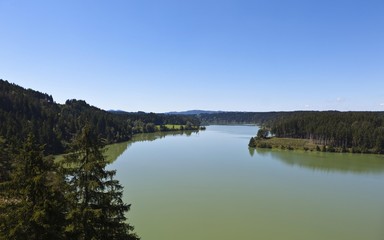 View of the Lech river from Lechtalbruecke bridge near Peiting, Lech, Upper Bavaria, Bavaria, Germany, Europe, PublicGround, Europe