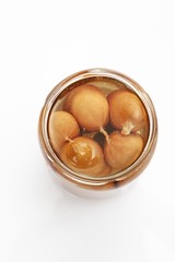 Opened jar with Frankfurter sausages, knackwurst or bockwurst