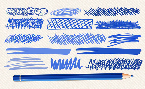 Different hand drawn marks in blue color