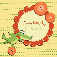 Funny crocodile on the button.Baby shower. Invitations to templates, greetings with cute toys, a place for your text. Gift box design with letters and illustrations for children.