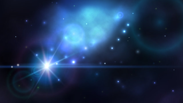 Space background with dark blue nebula and bright stars. Fantasy scientific astronomical illustration.