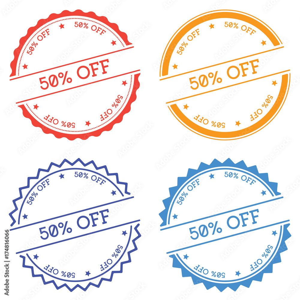 Poster 50% off badge isolated on white background. flat style round label with text. circular emblem vector