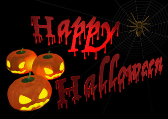 Halloween, drei Kürbisse mit Spinnennetz und Schriftzug Happy Halloween, gruselige Lichtstimmung