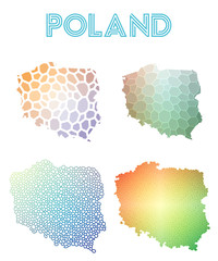 Naklejka premium Poland polygonal map. Mosaic style maps collection. Bright abstract tessellation, geometric, low poly, modern design. Poland polygonal maps for infographics or presentation.