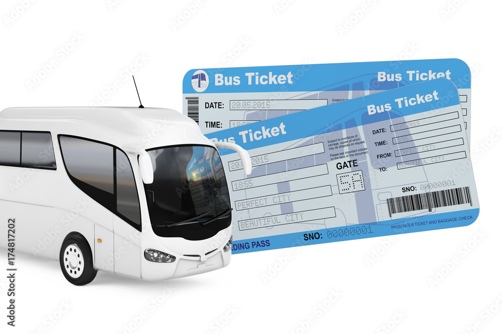 Poster big white coach tour bus with bus tickets. 3d rendering