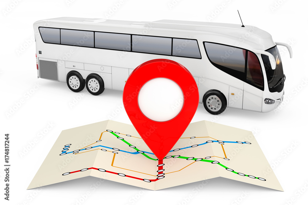 Poster bus stations map with red point pin in front of big white coach tour bus. 3d rendering