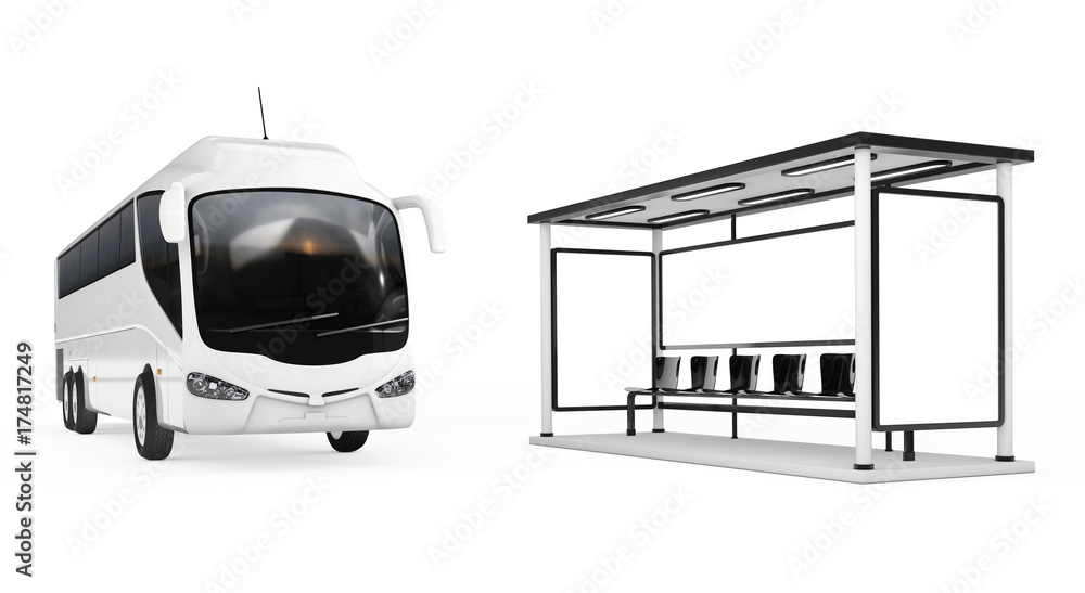 Poster big white coach tour bus near bus station. 3d rendering