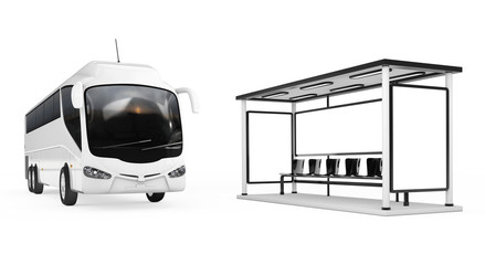 Big White Coach Tour Bus near Bus Station. 3d Rendering © doomu