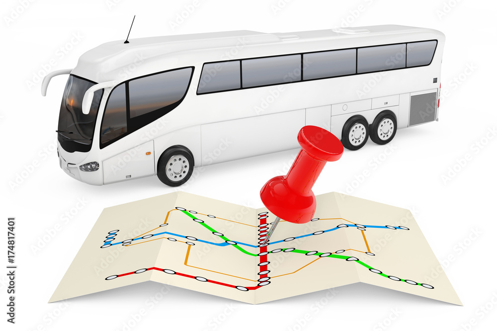 Aufkleber bus stations map with red push pin in front of big white coach tour bus. 3d rendering