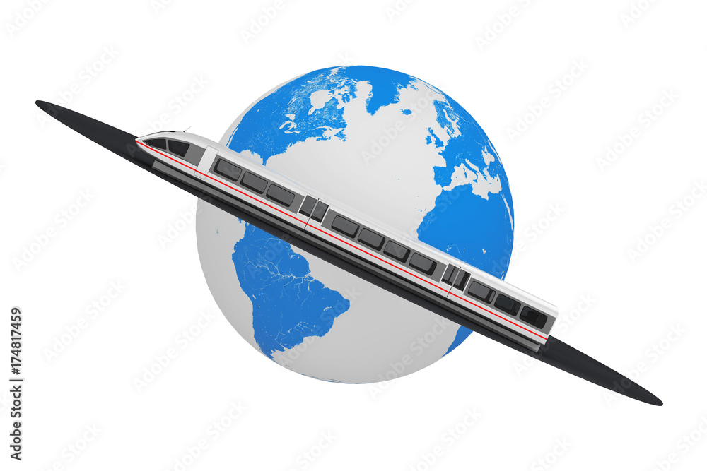 Poster super high speed futuristic commuter train over road around earth globe. 3d rendering