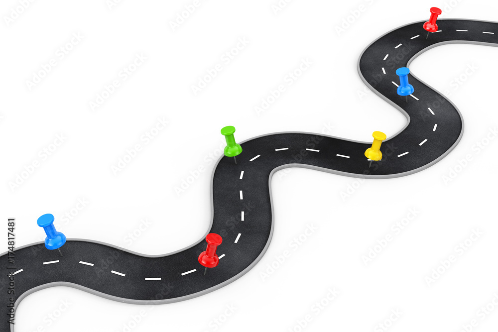 Poster Winding Road with Colorful Pin Pointer. 3d Rendering