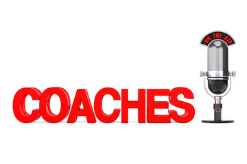 Online Education Concept. Red Coaches Sign with Microphone and On The Air Sign. 3d Rendering