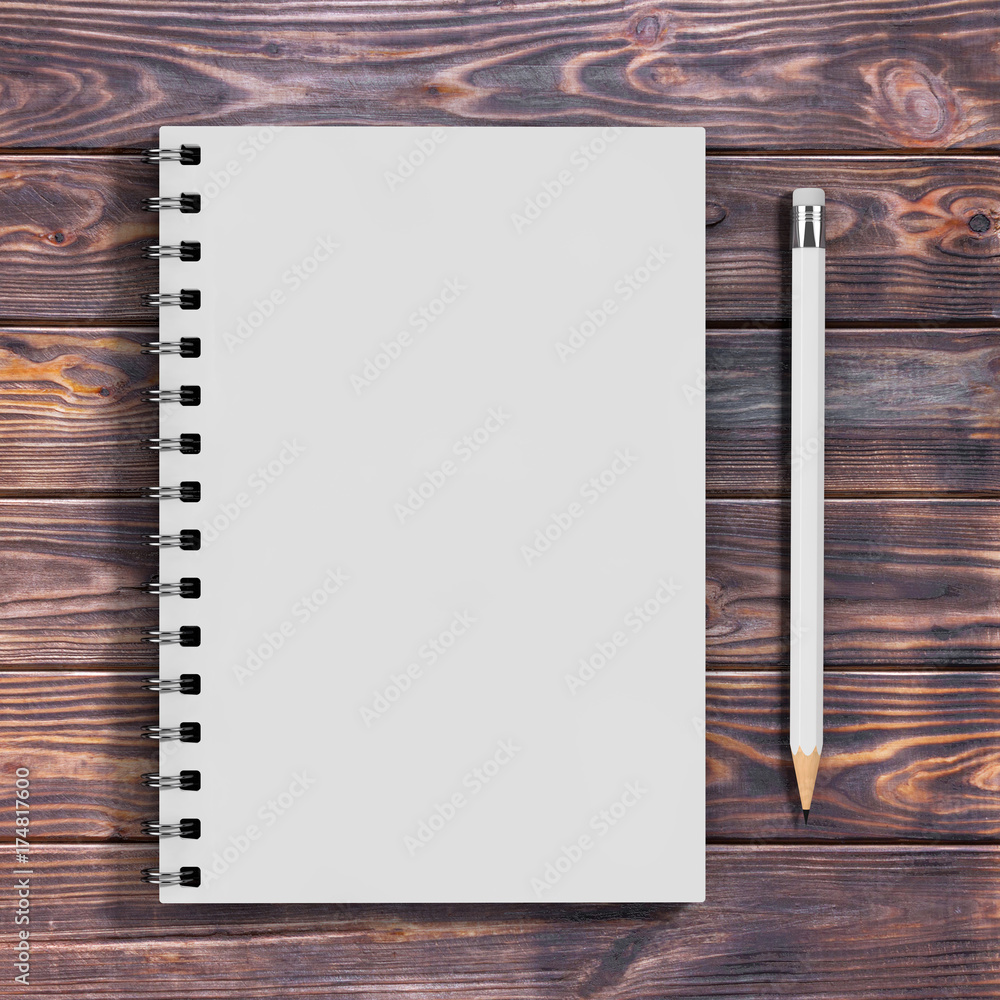 Aufkleber Top View of White Closed Spiral Paper Cover Notebook with White Pencil with Blank Space for Yours Design. 3d Rendering
