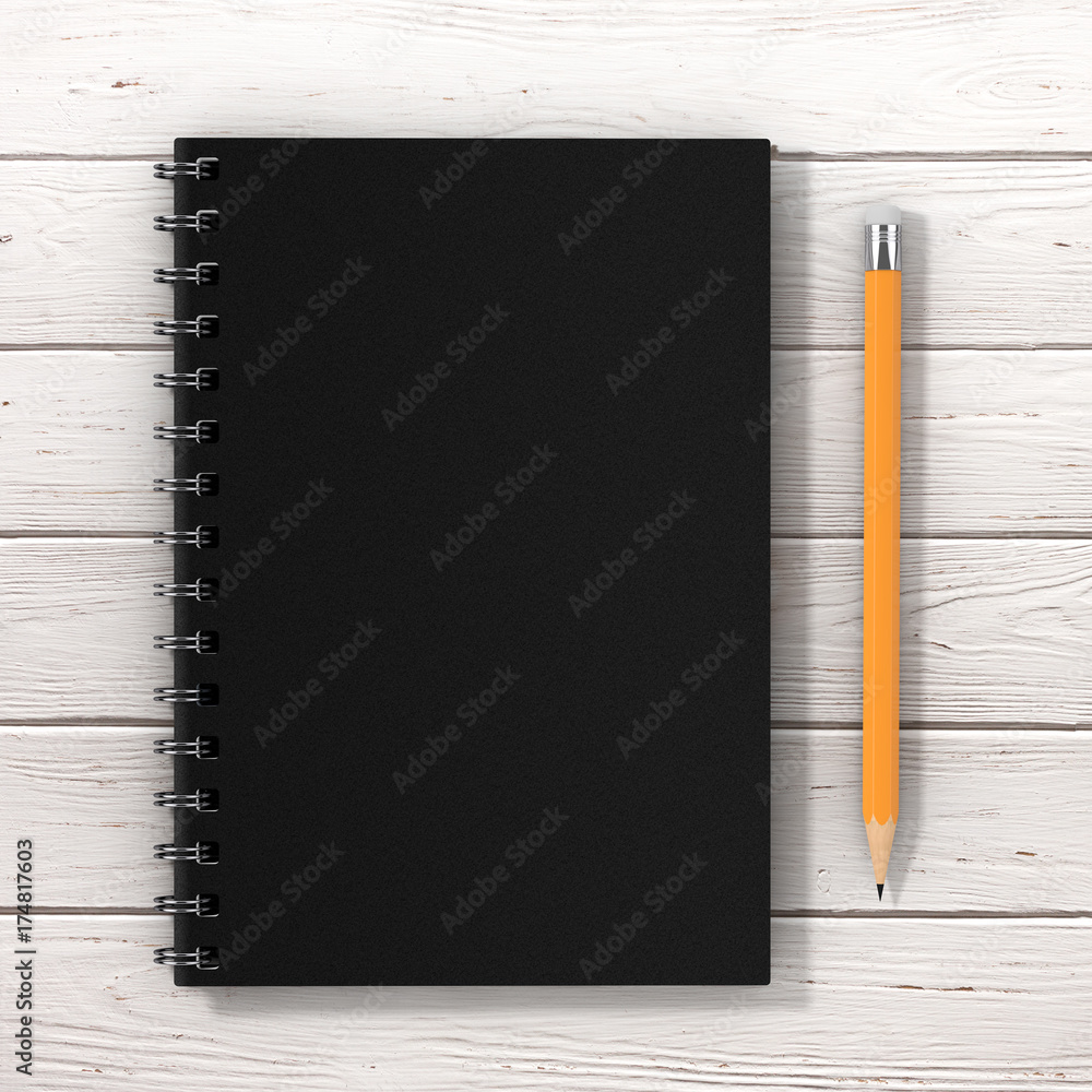 Aufkleber Top View of Black Closed Spiral Paper Cover Notebook with Yellow Pencil with Blank Space for Yours Design. 3d Rendering