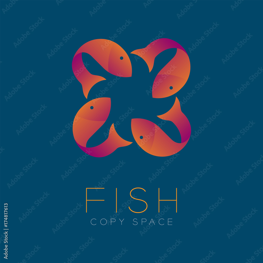 Poster four fish symbol icon set orange violet gradient color design illustration isolated on blue color ba