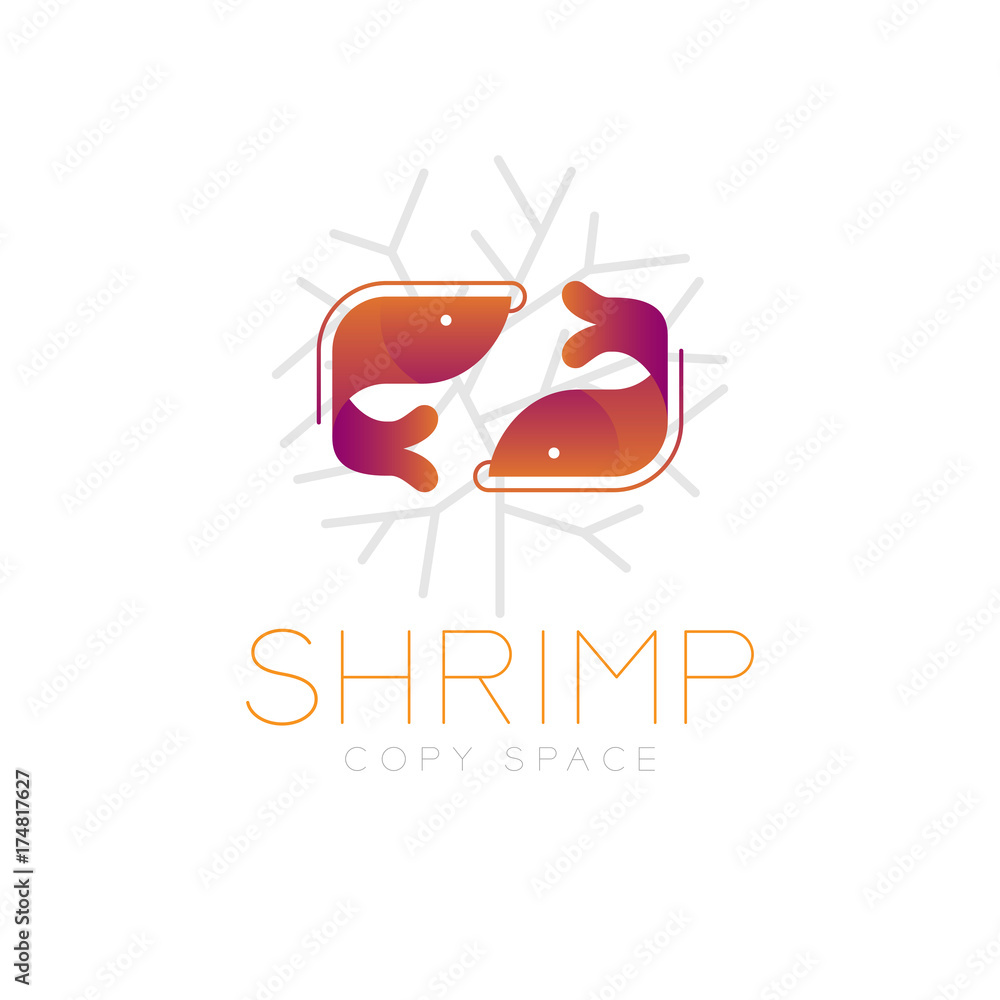 Poster Two Shrimp symbol icon and coral set orange violet gradient color design illustration isolated on white background with Shrimp text and copy space, vector eps10