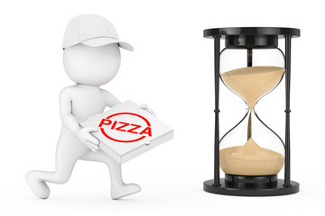 Pizza Delivery Concept. 3d Character Pizza Dealer with Pizza Box in Hands Runs to Hurry to Deliver a Pizza near Sand Hourglass. 3d Rendering