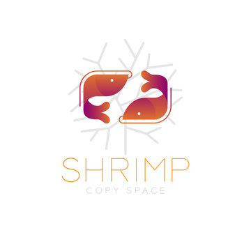 Two Shrimp symbol icon and coral set orange violet gradient color design illustration isolated on white background with Shrimp text and copy space, vector eps10