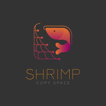 Shrimp symbol icon and fishing net set orange violet gradient color design illustration isolated on dark background with Shrimp text and copy space, vector eps10