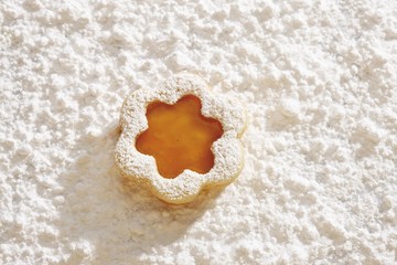 Short pastry jam biscuit, on icing sugar