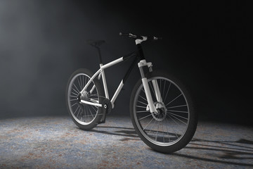 Fototapeta na wymiar Black and White Mountain Bike in the Volumetric Light. 3d Rendering