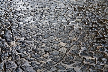 Cobblestones in the rain