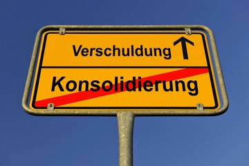 City limit sign, symbolic image for the way from a Konsolidierung to Schulden, German for going from a consolidation to having debts