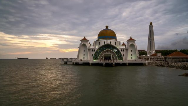 4k time lapse of sunset at Malacca Straits Mosque (Masjid Selat Melaka), Malacca, Malaysia. 