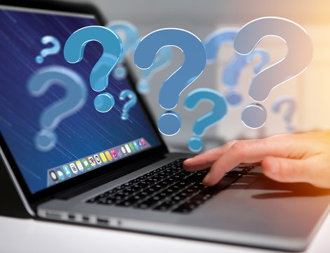 Blue question mark displayed on a futuristic interface - 3d rendering