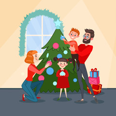 Naklejka premium Happy Family Decorating Christmas Fir Tree. Father, Mother, Son and Daughter Celebrating New Year. Vector illustration