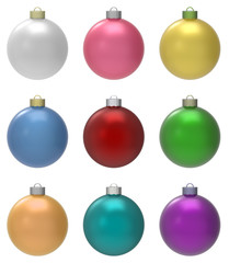 3d rendering. Set of colorful christmas balls isolated on white background with clipping path
