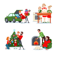 Christmas Family Scenes. Couple with Gift Boxes. Mother Bakes Christmas Cookies with Daughters. Parents with Children Decorating Fir. Boy and Girl near Fireplace. Vector illustration