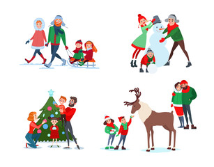 Christmas Family Scenes. Father, Mother and Son Making Snowman. Kids Feeding Reindeer. Family Decorating Christmas Tree. Parents with Kids Sledding. Vector illustration