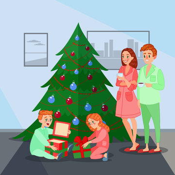 Kids Opens Christmas Presents. Happy Family Winter Holidays. Vector illustration