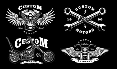 Set of 4 vintage biker illustrations on dark background_1