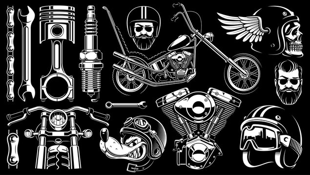 Motorcycle clipart with 14 elements on dark background.