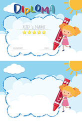 Diploma and border template with girl and red crayon