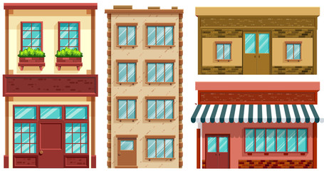Four different designs of shops and apartments