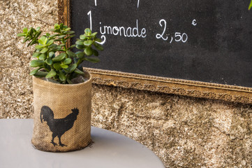 Corsica, 05/09/2017: una pianta grassa su un tavolino con la lavagna del menu e il prezzo della...