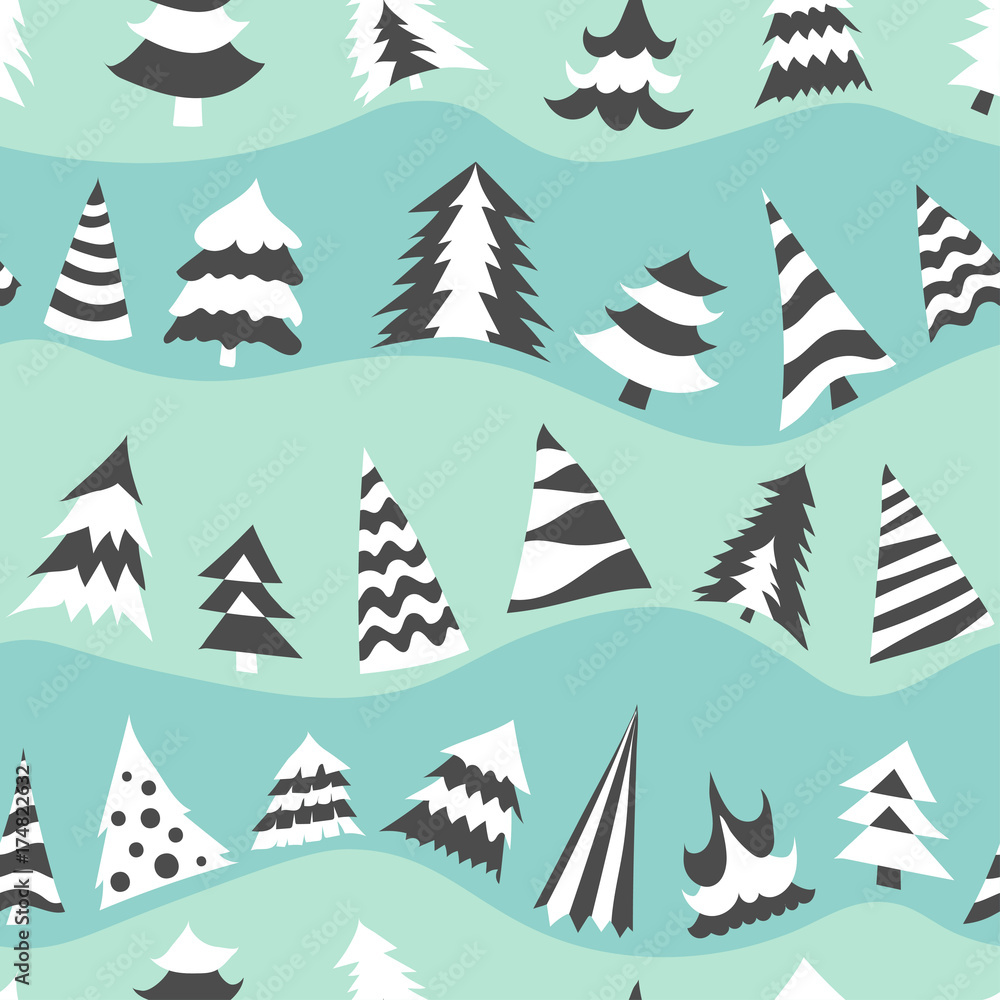 Poster seamless new year vector pattern of different christmas trees on the hills. black and white trees on