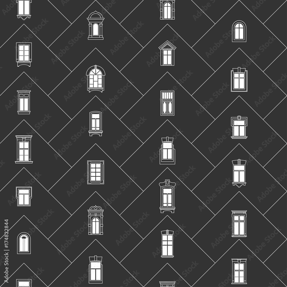 Poster seamless vector thin line pattern. stylized triangular facades with various decorative windows on a 