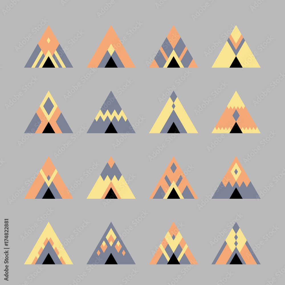 Poster vector set of colored icon on a gray background: front view of tent, marquee in the style of boho, h