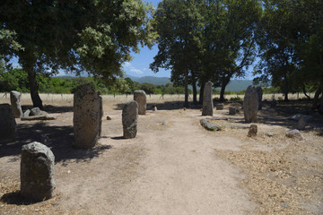 The menhirs alignment of Stantari, in the megalithic site of Cauria, Sartene area, Corsica, France