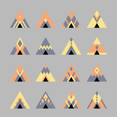 Vector set of colored icon on a gray background: front view of tent, marquee in the style of boho, hipster with geometric pattern.